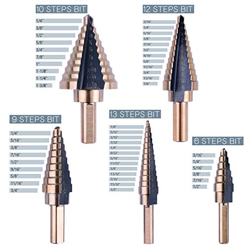 Brocas Escalonadas HSS Titanio Acero de Alta Velocidad 50 Tamaños en 5 Piezas Kit de Brocas Cónicas Escalonadas