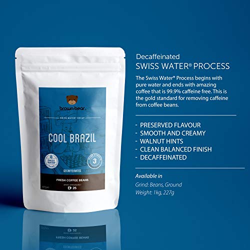 Brown Bear Cool Brazil, Descafeinado Proceso Swiss Water Decaf, Café En Grano Decaffeinated Roast Coffee Beans, 1 kg, 5% de las ventas fue donado a Free the Bears Charity