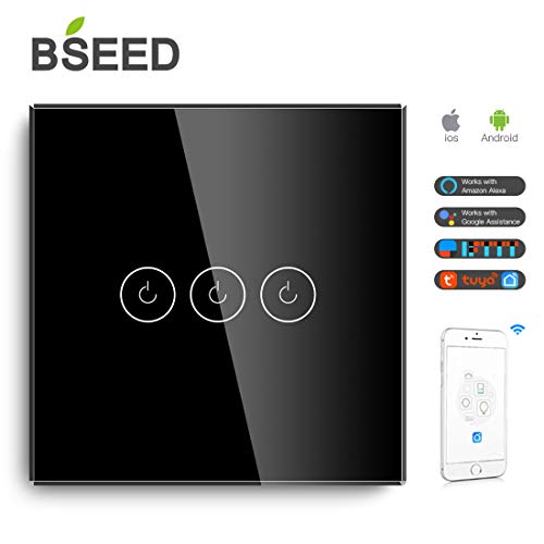 BSEED Interruptores de luz de pared Smart WiFi Touch Sensor (se necesita alimentación neutra) Panel de vidrio compatible Alexa/Tuya/IFTT 3 Gang 1 Via Negro