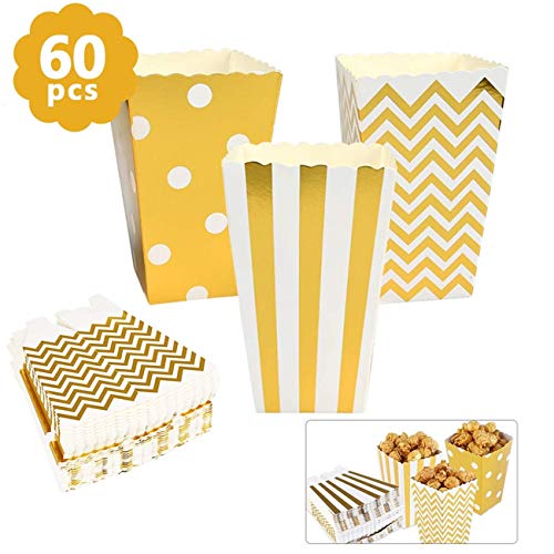 BUYGOO 60 Piezas Mini Caja de Fiesta de Palomitas Contenedor de Dulces para Los Bocados del Partido, Los Dulces, Las Palomitas y Los Regalos - Dorado Caramelo Bolsas