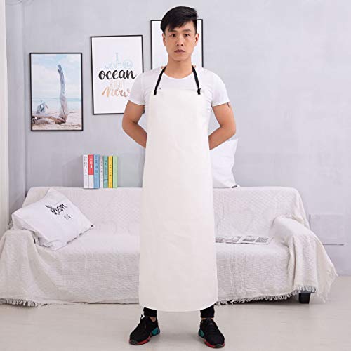 Bverionant Delantal de Cuero Artificial Impermeable Larga Delantal de Trabajo para Carnicero Pescadero Jardinería Ajustable Delantal de Cocina a Prueba de Aceite Unisex Blanco