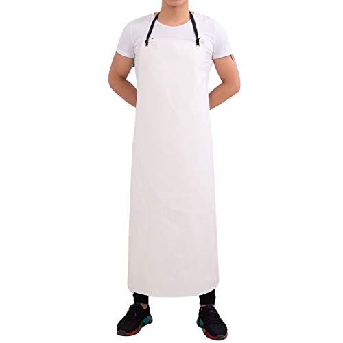 Bverionant Delantal de Cuero Artificial Impermeable Larga Delantal de Trabajo para Carnicero Pescadero Jardinería Ajustable Delantal de Cocina a Prueba de Aceite Unisex Blanco