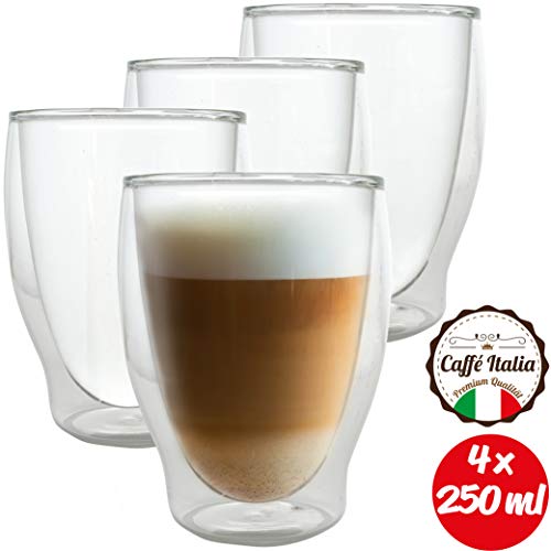 Caffé Italia Milano 4 x Juego de Vasos para Capuchino 250 ml - Vasos Térmicos - para Bebidas frías, Calientes, té y Latte Macchiato - Aptos para lavavajillas