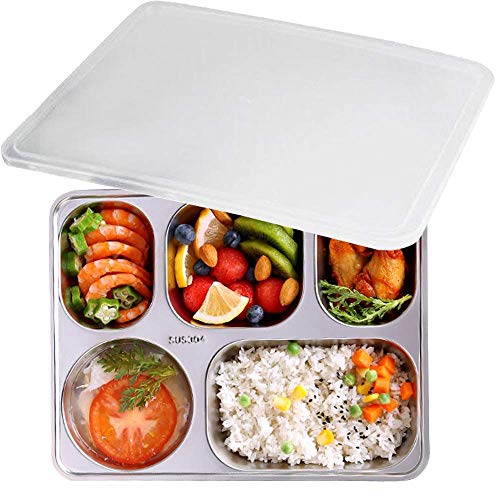 Caja de almuerzo, aiyoo 304 Acero inoxidable alimentos contenedor de almacenamiento, 5 compartimiento Bento cajas para estudiantes adultos niños Picnic,dividido bandeja de alimentos con tapa