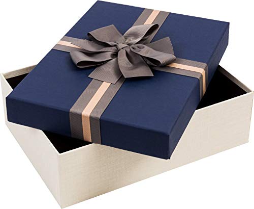 Caja de regalo de lujo con tapa azul y lazo decorativo con papel triturado