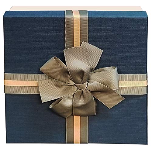 Caja de regalo de lujo con tapa azul y lazo decorativo con papel triturado