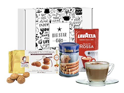 Caja de regalo perfecta para café molido italiano, deliciosas galletas con taza y platillo. Una gran idea de regalo para todos los amantes del café.