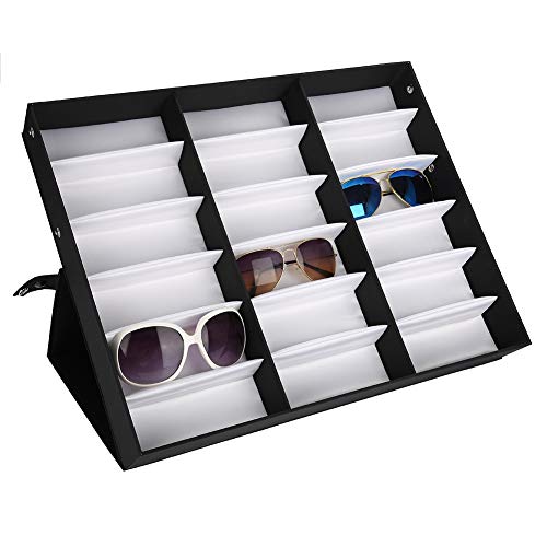 Caja organizadora de almacenamiento de gafas de 18 rejillas con forro suave y de calidad, vitrina de gafas para mostrar y proteger gafas, soporte para gafas con buena cubierta a prueba de polvo