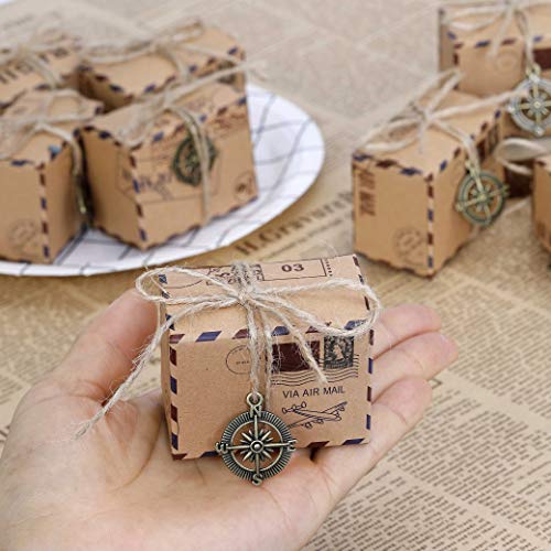 Cajas de Papel Kraft de Caramelo Dulces Bautizo Bombones Regalos Recuerdos Detalles con arpillera Twines Charms Brújula 50pcs para Invitados de Boda Fiesta Comunion Graduación Decoración Favor