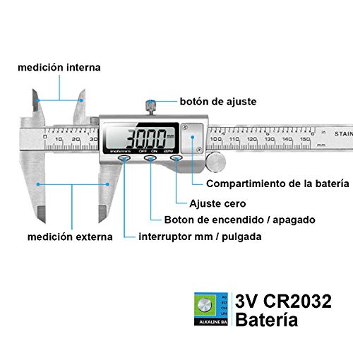 Calibre Digital, Qfun Pie de Rey 150mm/6Pulgadas Calibrador Profesional de Acero Inoxidable Impermeable con Gran Pantalla LCD, Precisión 0.01mm Medición de Diámetro Interior, Exterior, Profundidad