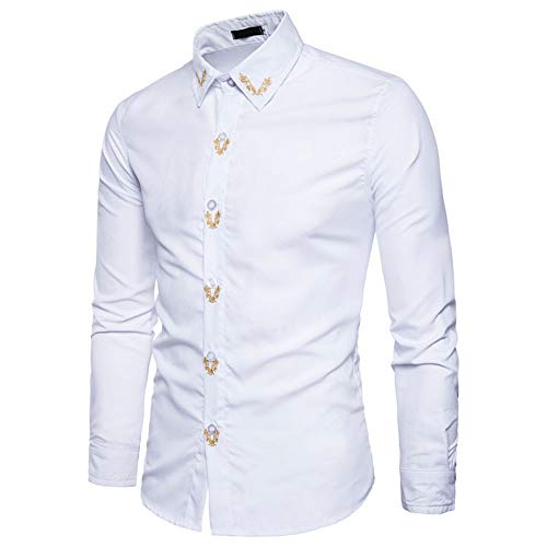 Camisa de Manga Larga Bordada para Hombre, diseño Urbano de Flores Sueltas Blanco Blanco XXL