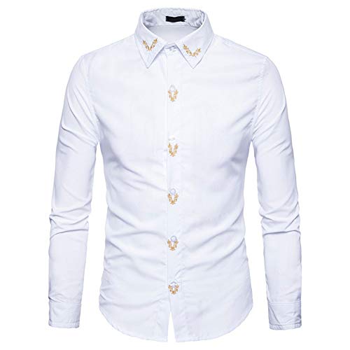 Camisa de Manga Larga Bordada para Hombre, diseño Urbano de Flores Sueltas Blanco Blanco XXL