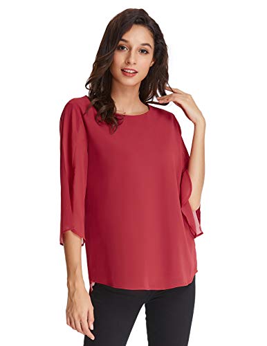 Camisa de Mujer Elegante Blusa Gasa 3/4 Blusa de Manga Camisa de Color Puro Top Rojo 2XL CLAF15-4