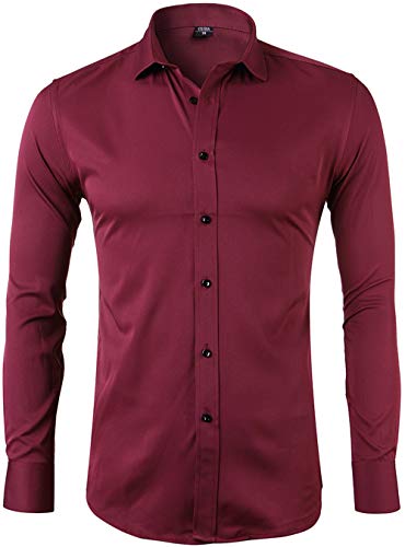 Camisa elástica Hombre, Manga Larga, Slim Fit, Casual/Formal Ambos Disponible y múltiples Colores para Elegir, Granate, Cuello 43CM, Manga 91CM