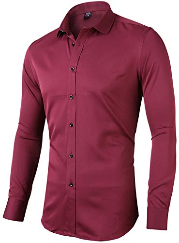 Camisa elástica Hombre, Manga Larga, Slim Fit, Casual/Formal Ambos Disponible y múltiples Colores para Elegir, Granate, Cuello 43CM, Manga 91CM