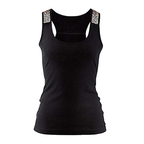 Camisetas sin Mangas Mujer,SHOBDW Moda De Verano Más El Tamaño Sin Mangas Sexy Cuello Redondo Lentejuelas Chaleco Tops Señoras Blusa Sólida Casual Camiseta Tank Tops para Mujeres(Negro,XXL)