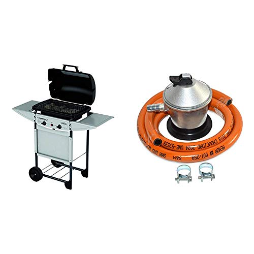 Campingaz Expert Plus Barbacoa gas piedra volcanica, parrilla gas con dos quemadores compactos y quemador lateral + S&M 321771 Regulador de Gas Butano Goma M + 2 Abraz