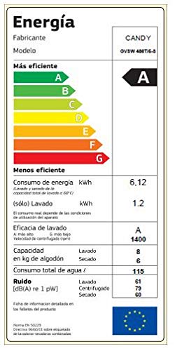 Candy GVSW 486T/5S - Lavasecadora 8+6Kgs, NFC, display digital, certificado WoolMark, 15 programas, 1400rpm, clase AAA, color blanco