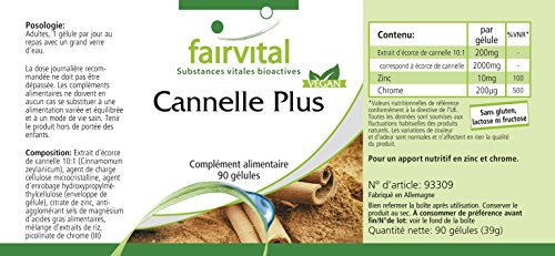 Canela Plus - Extracto de Canela + Cromo + Zinc - VEGANO - Dosis elevada - 90 Cápsulas - Calidad Alemana