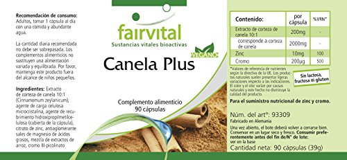 Canela Plus - Extracto de Canela + Cromo + Zinc - VEGANO - Dosis elevada - 90 Cápsulas - Calidad Alemana