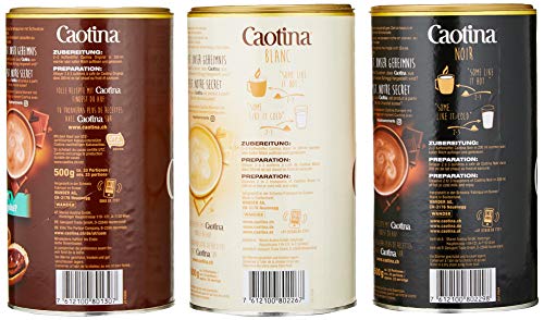 Caotina Set Triple, original, noir, blanc, Cacao en Polvo de Chocolate Suizo, Chocolate Caliente para Beber, 3 x 500 g