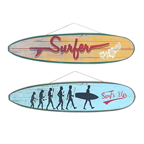 CAPRILO. Set de 2 Adornos Pared Decorativos de Madera Tablas Surf Colgantes. Cuadros y Apliques. Decoración Hogar Marinera. Muebles Auxiliares. Regalos Originales. 80 x 0,90 x 20 cm.