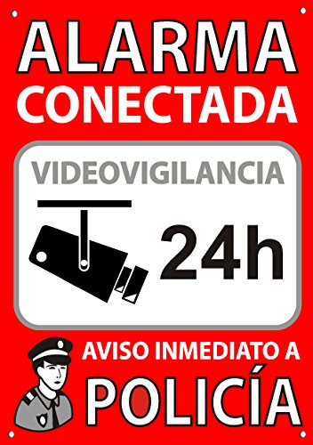 Cartel Alarma Conectada A5 Interior/Exterior | Placa Disuasoria PVC Flexible, Cartel Aviso a Policía, 21x15 cm Rojo