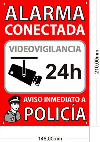 Cartel Alarma Conectada A5 Interior/Exterior | Placa Disuasoria PVC Flexible, Cartel Aviso a Policía, 21x15 cm Rojo