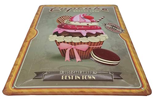 Cartel de cocina premium Cupcake, cartel de chapa en relieve 30 x 20 cm, Bakery Shop Best in Town – pasteles, galletas, chocolate y crema con cereza, decoración de pared