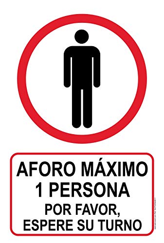 Cartel resistente PVC - AFORO MÁXIMO 1 PERSONA - Señaletica COVID 19 - Señaletica de aviso - ideal para colgar y advertir