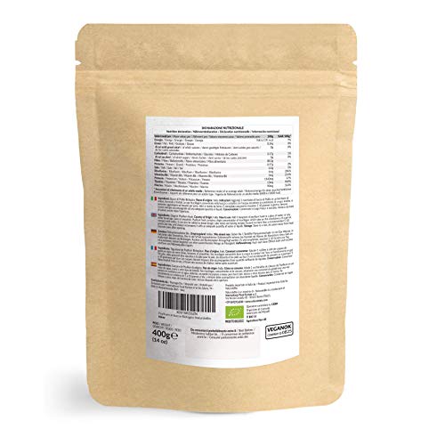 Cáscara de Psyllium Ecológico [99% Pureza] 400g. Psyllium Husk, Natural y Puro. 100% cutícula de semillas de Psilio Orgánico, producido en India. Rico en Fibra, para añadir al Agua, Bebidas y Zumos.