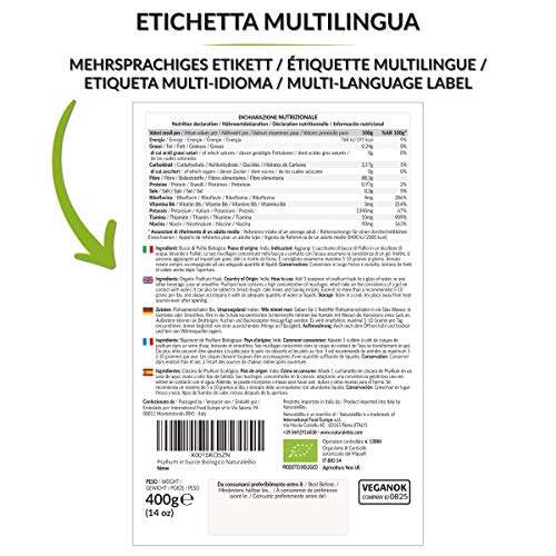 Cáscara de Psyllium Ecológico [99% Pureza] 400g. Psyllium Husk, Natural y Puro. 100% cutícula de semillas de Psilio Orgánico, producido en India. Rico en Fibra, para añadir al Agua, Bebidas y Zumos.