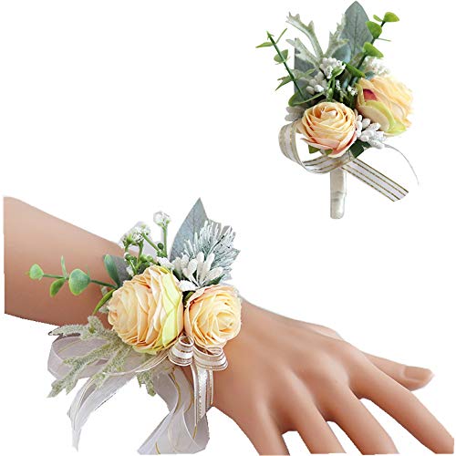 CASEYDRESS Rústico ramillete Boutonniere Set de flores artificiales para baile de fin de curso, hojas falsas novio hombres Boutonnieres Pins boda