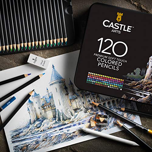 Castle Art Supplies - Juego de 120 lápices de colores para artistas, con núcleo de "serie suave" para capas expertas, mezcla y sombreado, perfecto para libros de colorear y aula