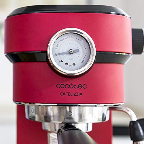 Cecotec Cafetera Express con Manómetro Cafelizzia 790 Shiny Pro. Brazo con Doble Salida y Dos filtros, 20bares de Presión, Depósito extraíble de 1,2L, 1350W, Rojo