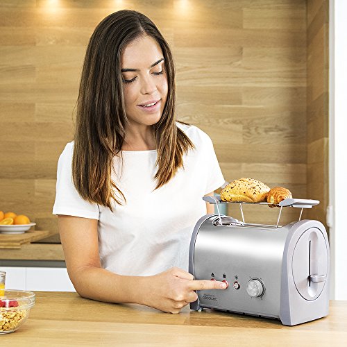 Cecotec Tostadora Acero Steel&Toast 2S. 6 Niveles de Potencia, Capacidad para 2 Tostadas, 3 Funciones(Tostar, Recalentar, Descongelar), Incluye Soporte Panecillos, Bandeja Recogemigas, 800 W