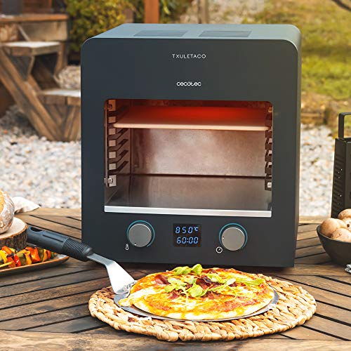 Cecotec Txuletaco 8000 Inferno. Horno para asado, 2200W,Parrilla de Hierro Fundido, Piedra y Bandeja para Pizzas,2 bandejas recogegrasas, Temperatura hasta 850º, termómetro Digital de Cocina Incluido