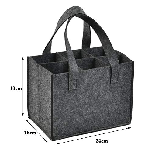 CENBEN 1 Piezas Bolsa de Vino de Fieltro Grueso con Asa, Bolsa de Almacenamiento para Botella de Vino, 6 Compartimentos, Lavable Reutilizable con Divisor Extraíble - Gris Oscuro 24 x 16 x 16CM