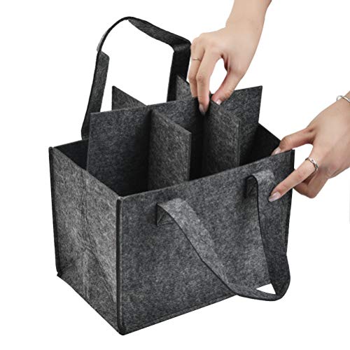 CENBEN 1 Piezas Bolsa de Vino de Fieltro Grueso con Asa, Bolsa de Almacenamiento para Botella de Vino, 6 Compartimentos, Lavable Reutilizable con Divisor Extraíble - Gris Oscuro 24 x 16 x 16CM