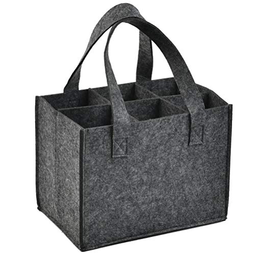 CENBEN 1 Piezas Bolsa de Vino de Fieltro Grueso con Asa, Bolsa de Almacenamiento para Botella de Vino, 6 Compartimentos, Lavable Reutilizable con Divisor Extraíble - Gris Oscuro 24 x 16 x 16CM