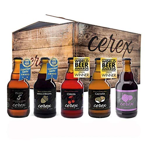 CEREX - Pack 20 cervezas artesanales Cerex 33 cl. (4 Pilsen, 4 Ibérica de Bellota, 4 Castaña, 4 Cereza, 4 Frambuesa) - Mejor Cerveza Artesanal de España Premios"World Beer Awards 2017"