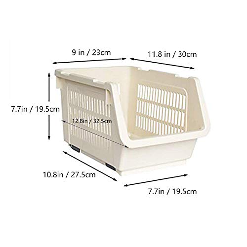 Cesta de apilamiento de almacenamiento Juego de 3 estantes de plástico apilable Rack de almacenamiento Apilamiento de la cesta apilable Grandes cestas de almacenamiento de apilamiento, Color Beige