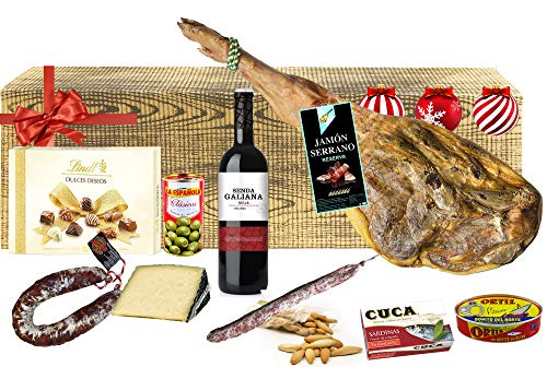 Cesta de Navidad con Jamón Serrano Reserva, Queso, Chorizo, Vino, Sardinas, Bonito del Norte, Aceitunas, Fuet, Bombones y Picos de Pan.