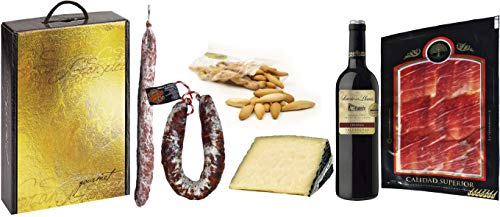 Cesta Navidad con Jamón Serrano, Fuet Casero, Chorizo Salamanca, Queso Semicurado, Vino Tinto y Picos de Pan.