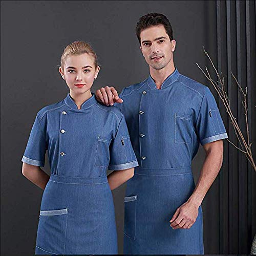 Chaqueta de Chef Cocinero Hombre Estirar Denim Manga Corta Transpirable Resistente al Desgaste Uniformes de Chef Servicio de Alimentos Restaurante Hotel Cocina Ropa de Trabajo,Azul,XL