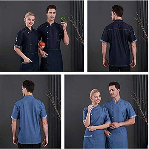 Chaqueta de Chef Cocinero Hombre Estirar Denim Manga Corta Transpirable Resistente al Desgaste Uniformes de Chef Servicio de Alimentos Restaurante Hotel Cocina Ropa de Trabajo,Azul,XL