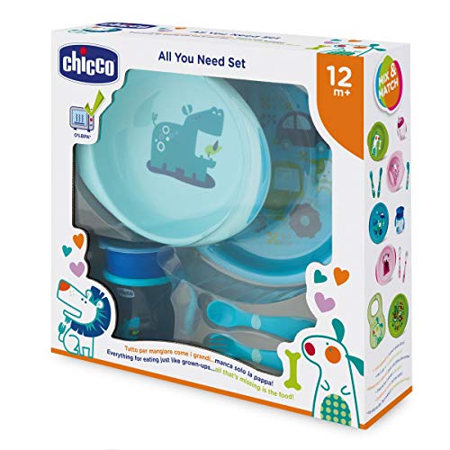 Chicco - Set completo comida, incluye platos + cubiertos + vaso, 12 m+, azul