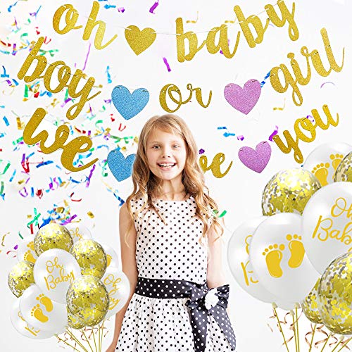 Chingde Conjunto de globos confeti, 12 piezas Globos de helio blancos Globos de látex oh Baby, girls or boy we love you Banner Bandera Set de globos de papel para decoraciones de fiesta de Baby Shower