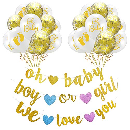 Chingde Conjunto de globos confeti, 12 piezas Globos de helio blancos Globos de látex oh Baby, girls or boy we love you Banner Bandera Set de globos de papel para decoraciones de fiesta de Baby Shower