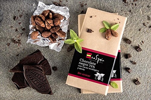 Chocolate negro 72% con cacao ecológico y stevia. Sin azúcar añadido. Apto para diabéticos. Sin gluten. 100 Gr.